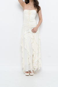 Vintage x Made in USA x BELLESSA Cream Beaded Ruffle Maxi Dress (S)
