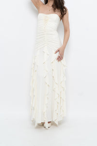 Vintage x Made in USA x BELLESSA Cream Beaded Ruffle Maxi Dress (S)