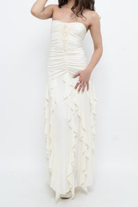 Vintage x Made in USA x BELLESSA Cream Beaded Ruffle Maxi Dress (S)