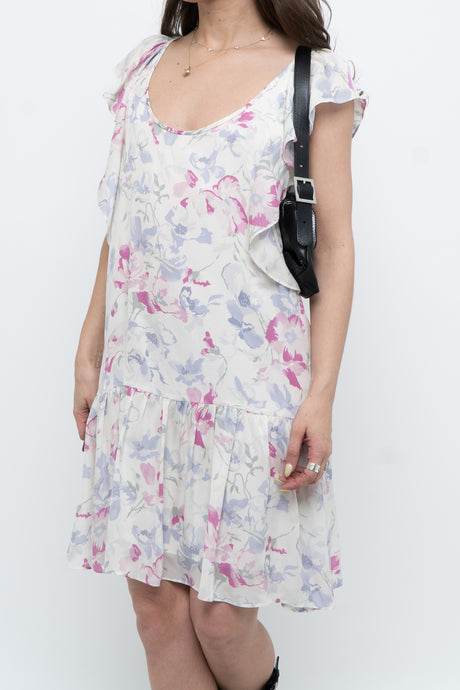 JOIE x Cream Floral Silk Pleated Drop-Waist Dress (XS-M)