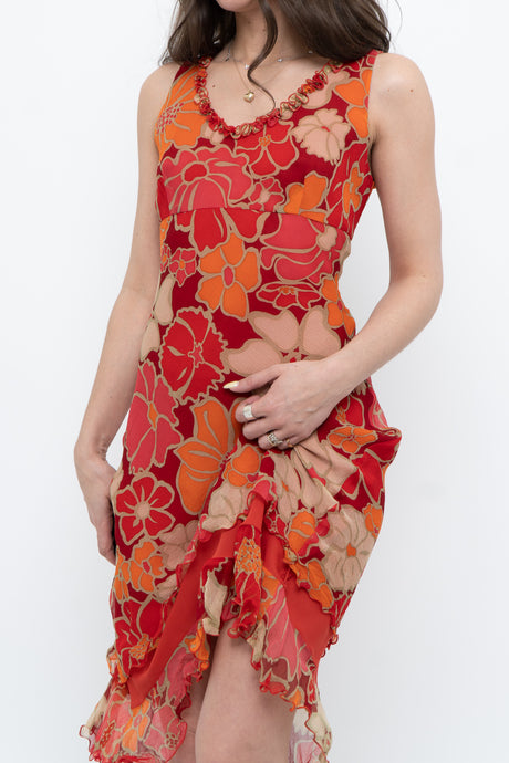 Vintage x TRISTAN & ISUET Red Floral Silk Midi Skirt (S)