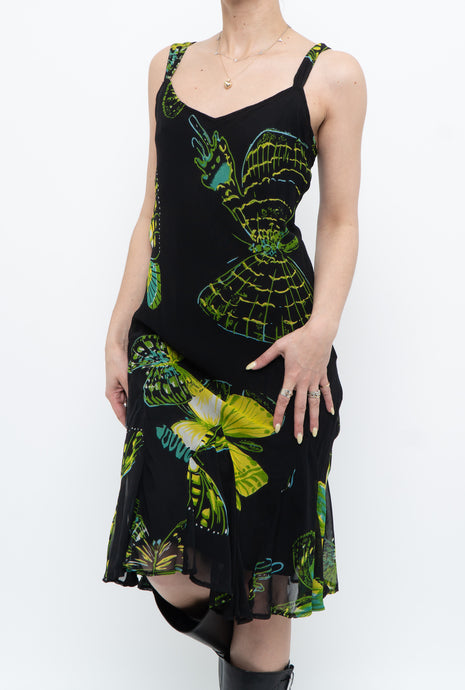 Vintage x Black Butterfly Patterned Midi Dress (XS, S)