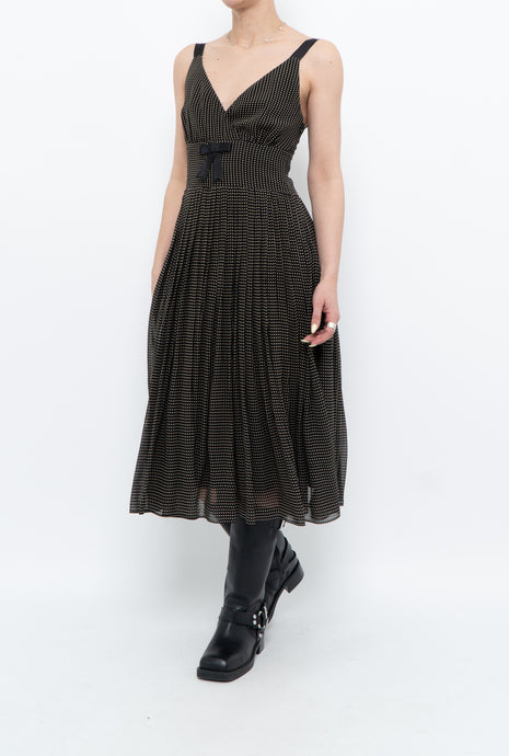 Vintage x JACOB Black Polka Dot Silk Pleated Midi Dress (XS, S)