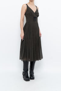Vintage x JACOB Black Polka Dot Silk Pleated Midi Dress (XS, S)