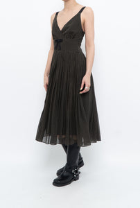 Vintage x JACOB Black Polka Dot Silk Pleated Midi Dress (XS, S)