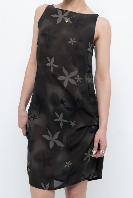 Vintage x MEXX Black, Grey Semi-sheer Patterned Midi Dress (S)