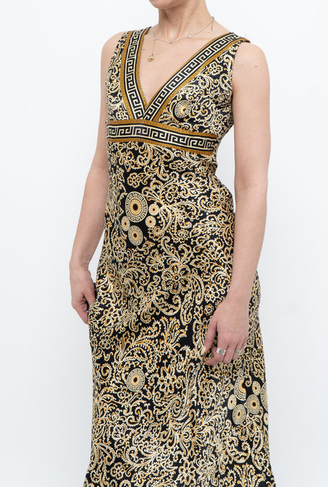 Vintage x Black & Gold Patterned Silk-Feel Midi Dress (XS)