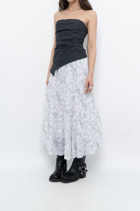 Vintage x White, Grey Paisley Pleated Maxi Skirt (S, M)