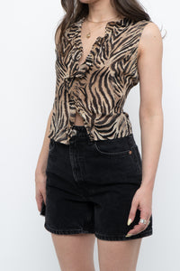 Vintage x Pure Silk Frilly Cropped Tiger Print Blouse (M)