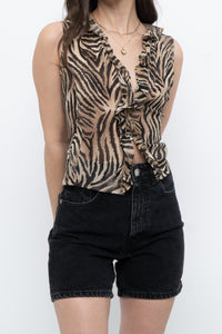 Vintage x Pure Silk Frilly Cropped Tiger Print Blouse (M)