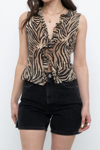 Vintage x Pure Silk Frilly Cropped Tiger Print Blouse (M)