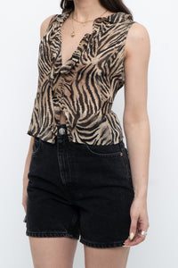 Vintage x Pure Silk Frilly Cropped Tiger Print Blouse (M)