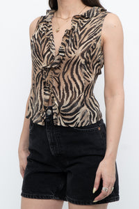 Vintage x Pure Silk Frilly Cropped Tiger Print Blouse (M)
