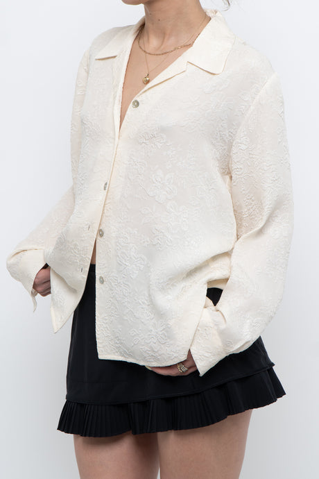 Vintage x Deadstock Cream Floral Embossed Pure Silk Blouse (XS-M)