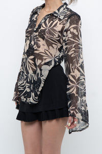 Vintage x Black, Cream Floral Semi-sheer Blouse (XS-M)