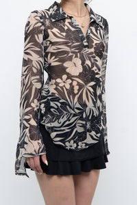 Vintage x Black, Cream Floral Semi-sheer Blouse (XS-M)