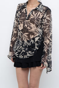 Vintage x Black, Cream Floral Semi-sheer Blouse (XS-M)