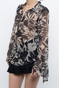 Vintage x Black, Cream Floral Semi-sheer Blouse (XS-M)