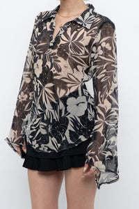 Vintage x Black, Cream Floral Semi-sheer Blouse (XS-M)