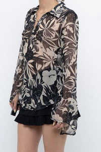 Vintage x Black, Cream Floral Semi-sheer Blouse (XS-M)