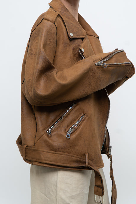 Modern x DEX Brown Faded Faux Leather Biker Jacket (XS-XL)
