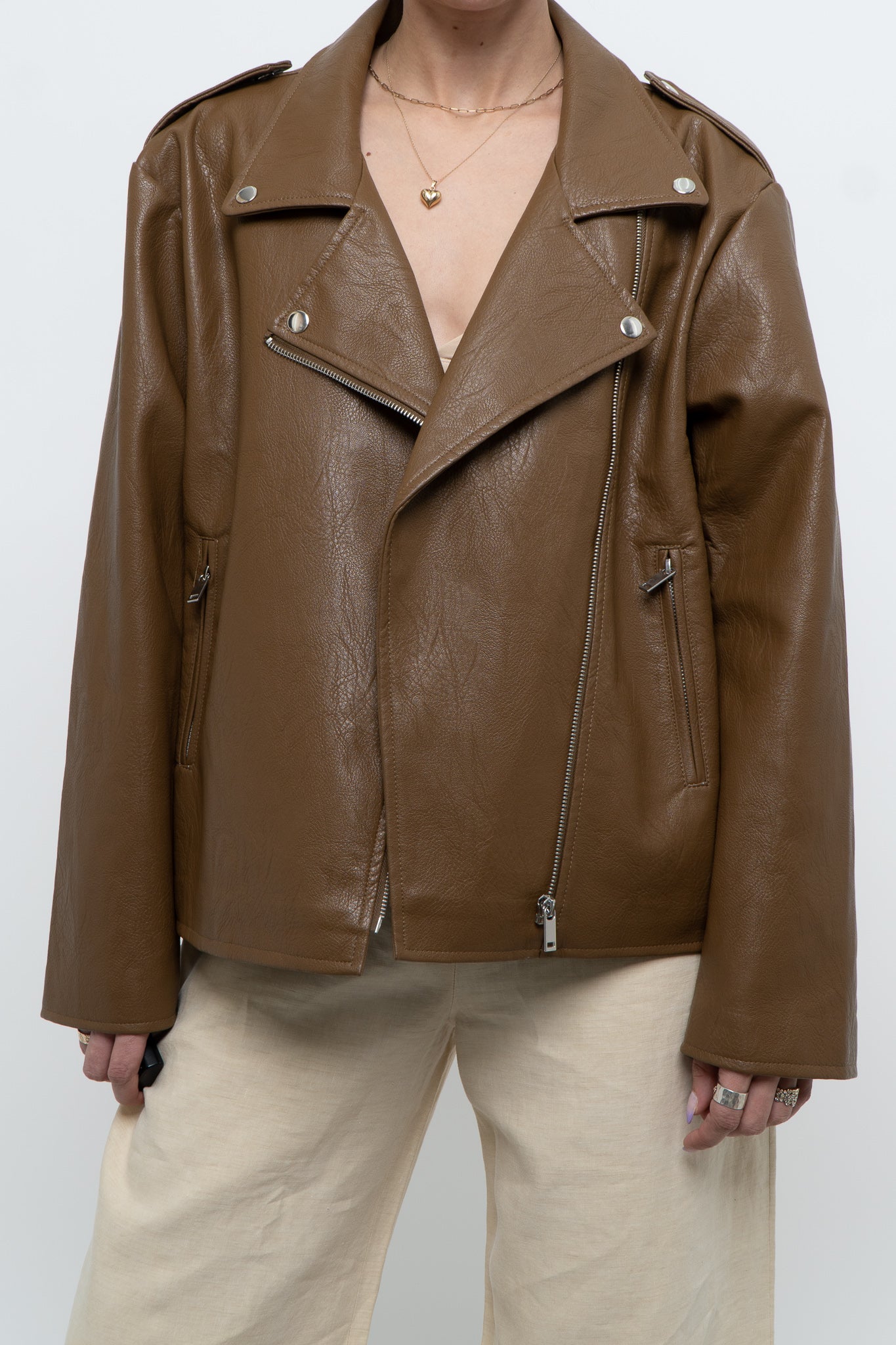 Modern x FANTASTIC FAWN Brown Faux Leather Biker Jacket (XS-M)
