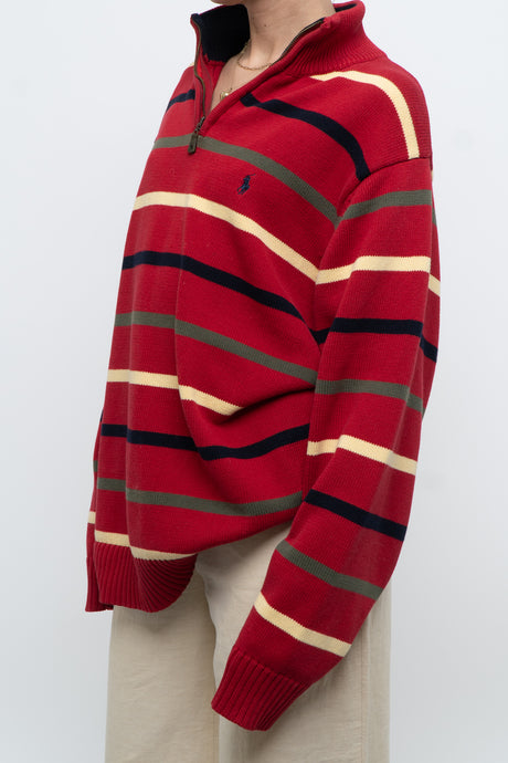 Vintage x RALPH LAUREN POLO Red Striped Cotton Quarter-zip Sweater ( S-XL)