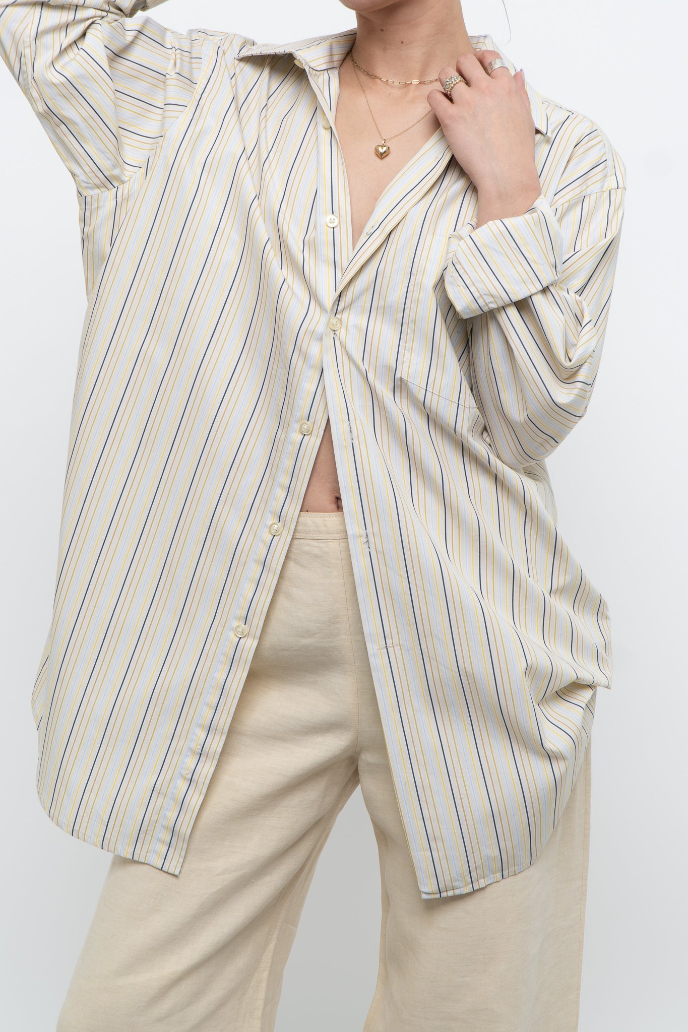 Vintage x Made in Bulgaria x White, Yellow Striped Cotton Buttonup (XS-L)