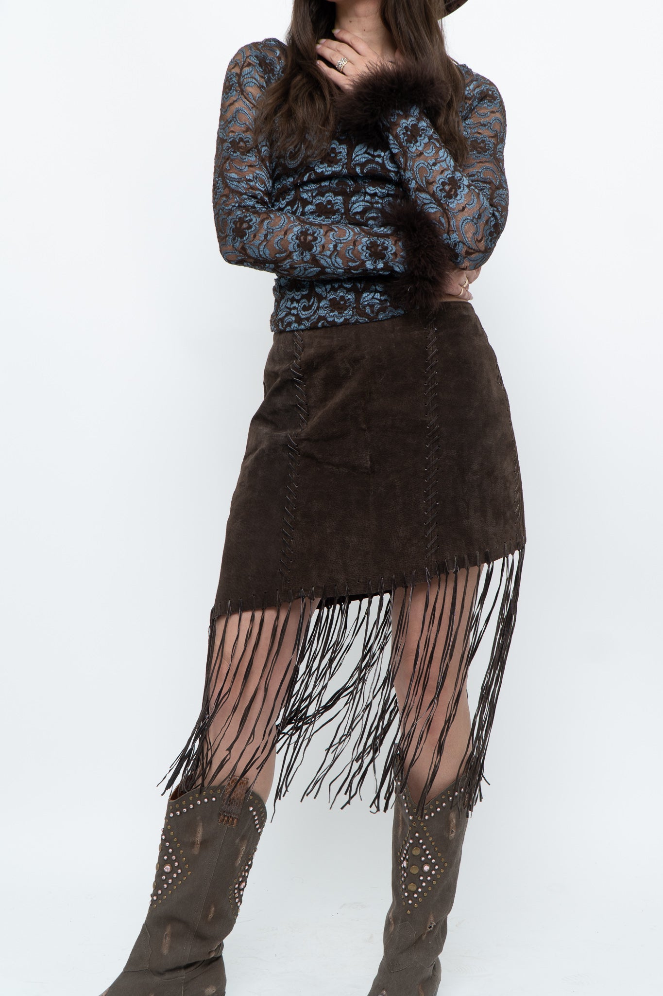 Vintage x Brown Suede Asymetric Fringe Skirt (M)