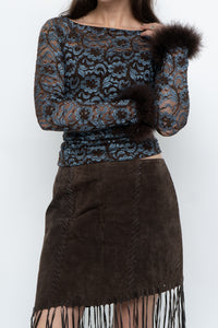 Vintage x Brown, Blue Lace Fitted Fur-trimmed Long Sleeve (XS, S)