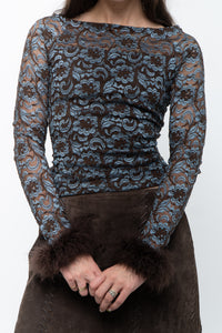 Vintage x Brown, Blue Lace Fitted Fur-trimmed Long Sleeve (XS, S)