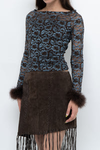 Vintage x Brown, Blue Lace Fitted Fur-trimmed Long Sleeve (XS, S)