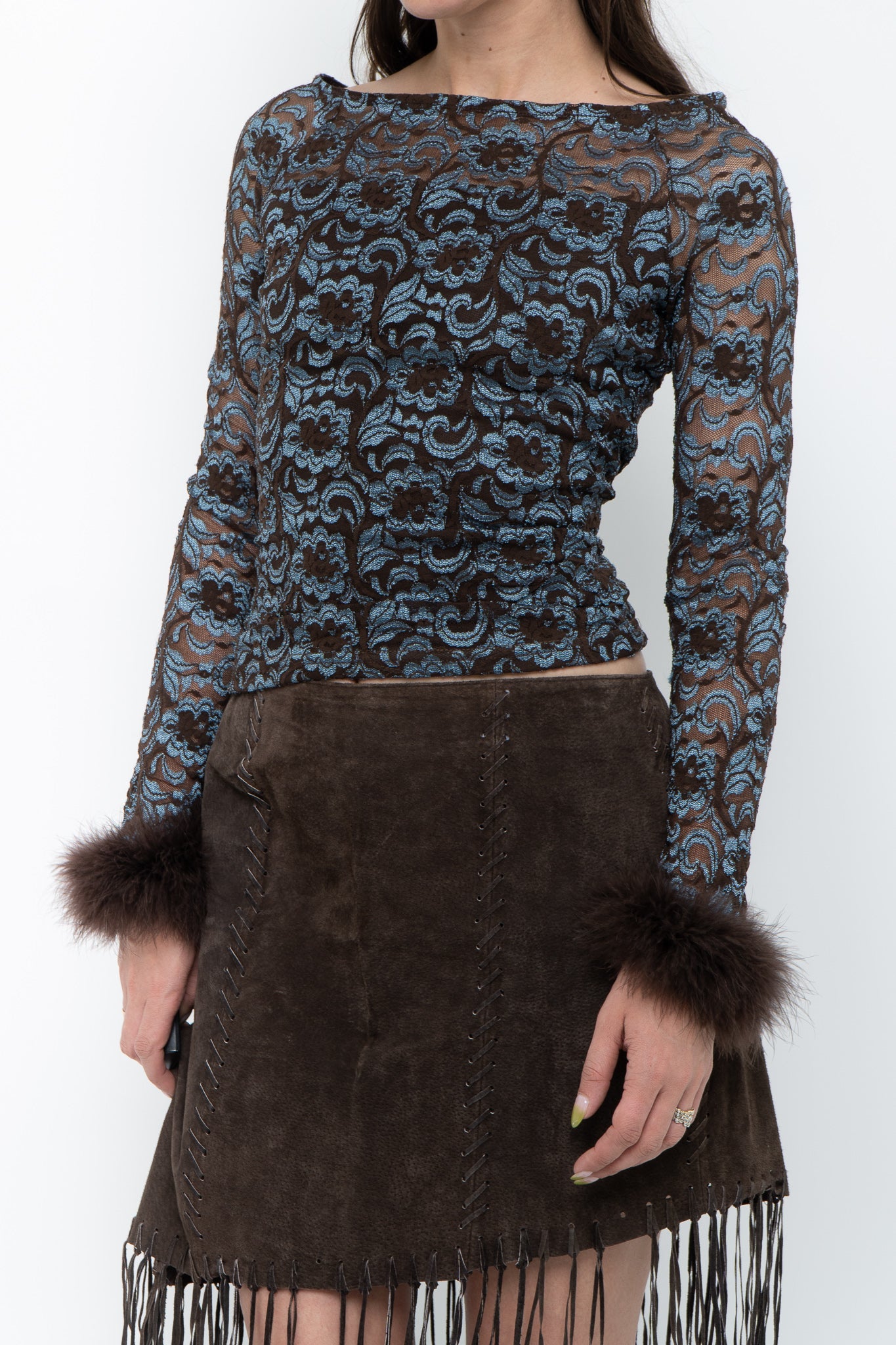 Vintage x Brown, Blue Lace Fitted Fur-trimmed Long Sleeve (XS, S)