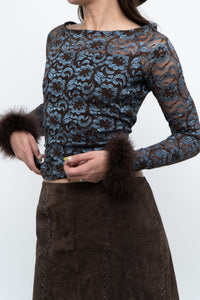 Vintage x Brown, Blue Lace Fitted Fur-trimmed Long Sleeve (XS, S)