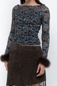 Vintage x Brown, Blue Lace Fitted Fur-trimmed Long Sleeve (XS, S)