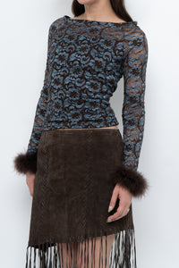 Vintage x Brown, Blue Lace Fitted Fur-trimmed Long Sleeve (XS, S)
