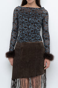 Vintage x Brown, Blue Lace Fitted Fur-trimmed Long Sleeve (XS, S)