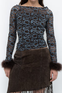 Vintage x Brown, Blue Lace Fitted Fur-trimmed Long Sleeve (XS, S)