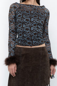 Vintage x Brown, Blue Lace Fitted Fur-trimmed Long Sleeve (XS, S)