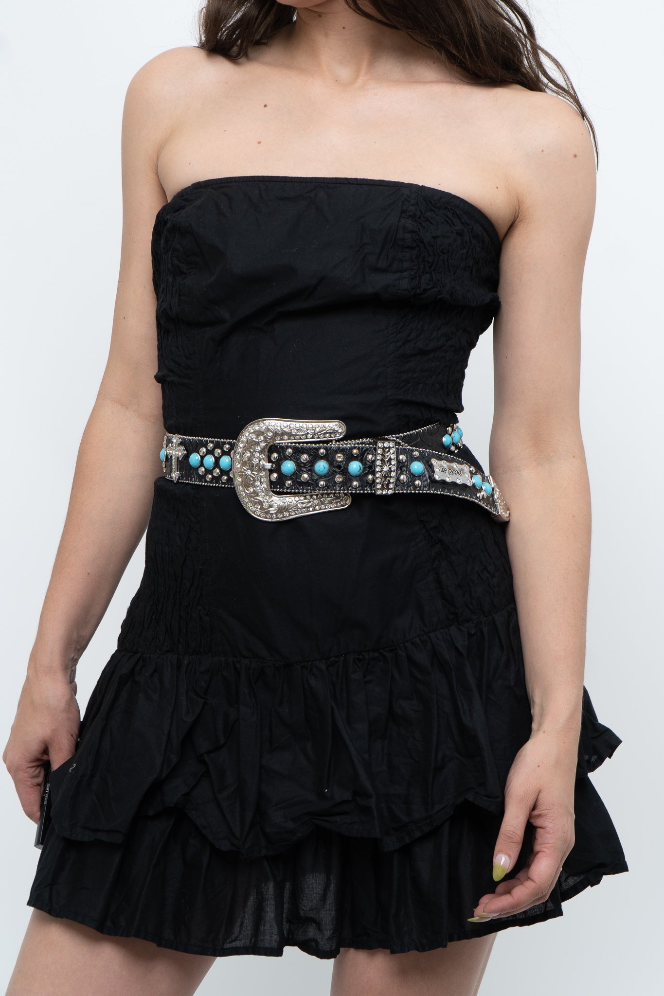 Vintage x FRENCH CONNECTION x Black Strapless Pleated Cotton Mini Dress (M)