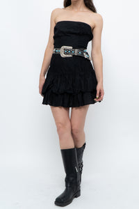 Vintage x FRENCH CONNECTION x Black Strapless Pleated Cotton Mini Dress (M)