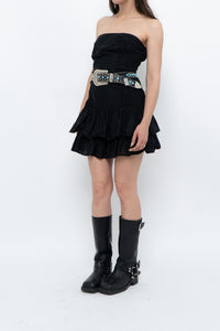 Vintage x FRENCH CONNECTION x Black Strapless Pleated Cotton Mini Dress (M)