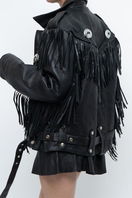 Vintage x FMC Heavy Black Concho Leather Fringe Biker Jacket (S-L)