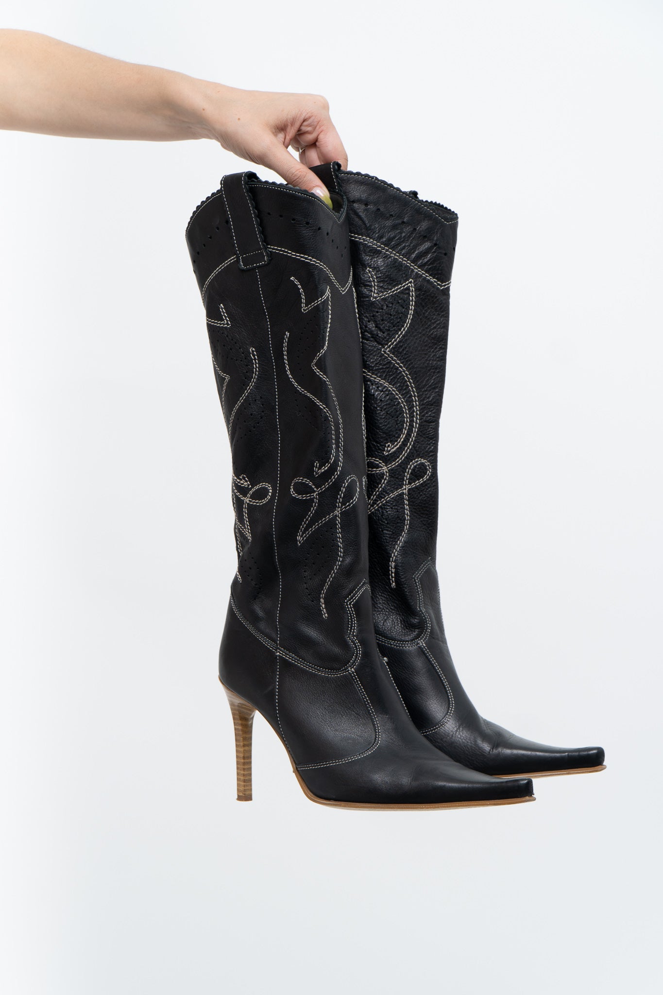 Vintage x Black Leather Embroidered Tall Heeled boot (8W)