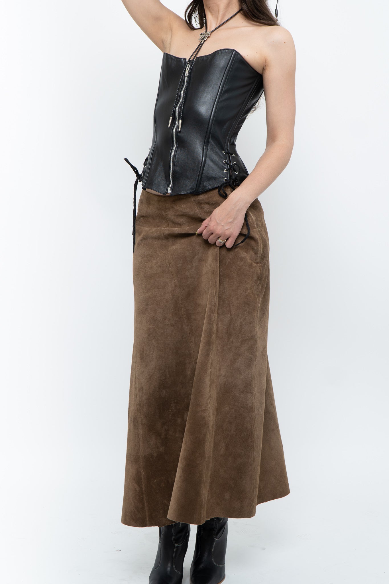 Vintage x Brown Suede Midi Skirt (S, M)