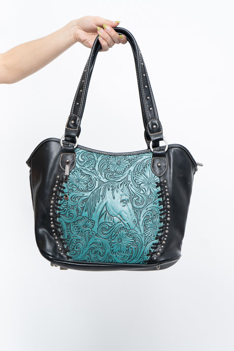 Vintage x TRINITY RANCH Teal, Black Horse Embossed Leather Purse