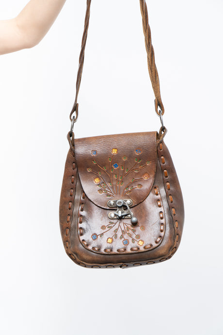Vintage x Brown Floral Embroidered Leather Crossbody Purse