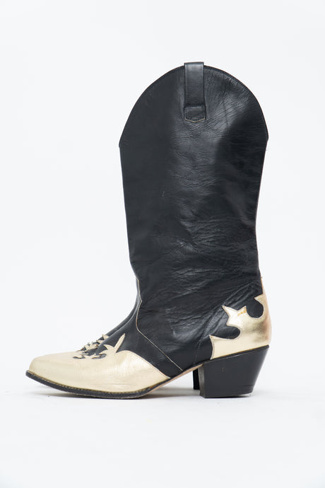 Vintage x Made in USA x Black, Gold Leather Cowboy Boot (7-8W)