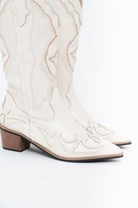 Modern x Faux Leather Cream Embroidered Cowboy Boot (8, 8.5W)