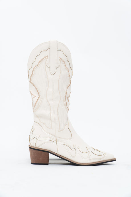 Modern x Faux Leather Cream Embroidered Cowboy Boot (8, 8.5W)